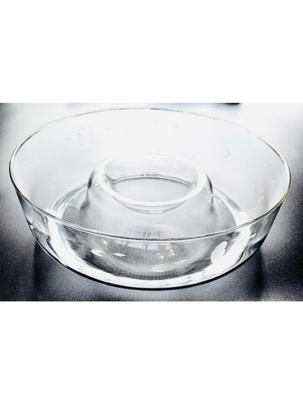 Large Etched Crystal Serving Bowl w Dip Well Veggies Chips Fruit 11.5” Elegant